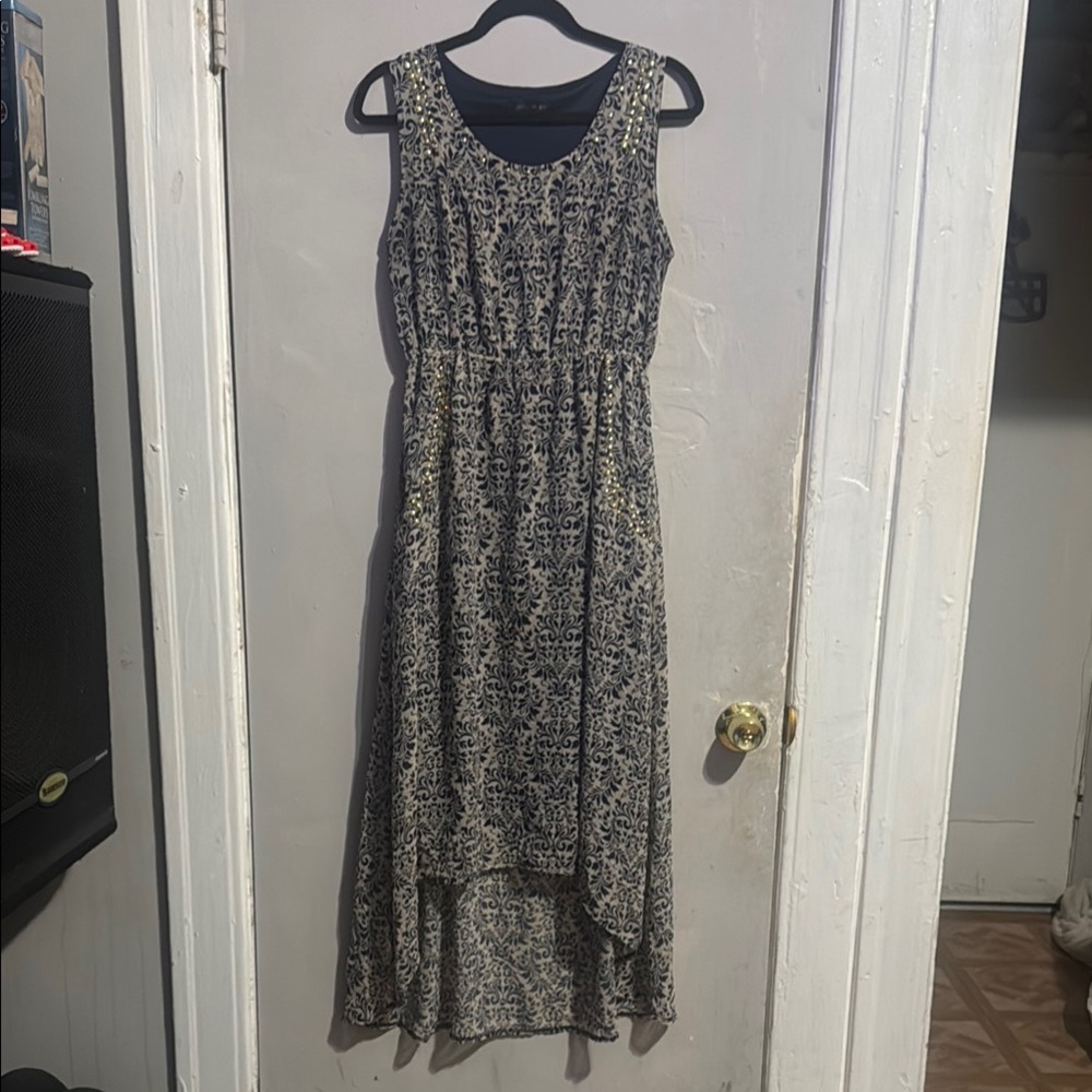 Blue and Tan High-Low Sleeveless Sundress